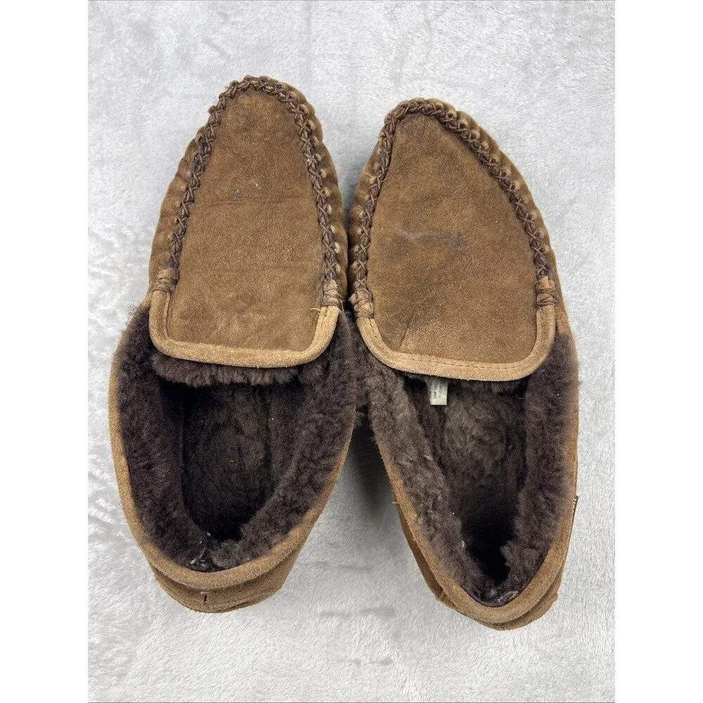 LL Bean Mens Wicked Good Moccasin Size 10 Medium Brown Suede Shearling Slippers